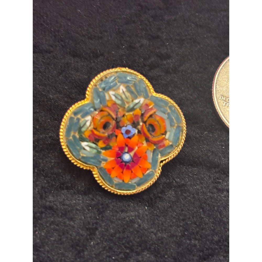Vintage Italian Micro Mosaic Floral Brooch Gold Tone Quatrefoil Made in Italy